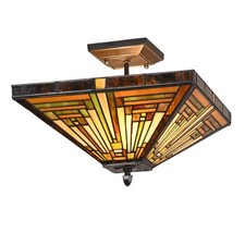 Tiffany Lamp Stained Glass Ceiling Light 2 Light 14 Inches Wide Amber Brown S...