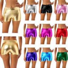 UK Women Metallic Booty Shorts High Waist Rave Dance Gym Yoga Hot Pants Swimsuit
