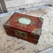 Vintage Chinese Shanghai Jewellery Box Wood & Brass & Jade Panel Rare Beautiful