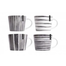 Set Of 4 Stripe Porcelain Mug Coffee Tea Cup 15oz Home Kitchen Grey White