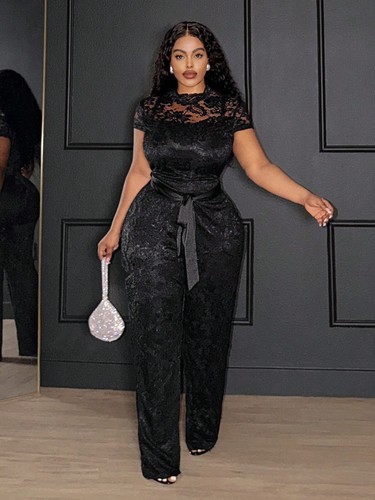 Women black lace jumpsuit - black,