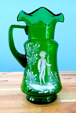 Tall Antique Mary Gregory Green Glass Jug 9.3 Inches