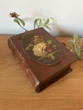 Trompe l'Oeil Faux Book Gilded Wooden Box Storage Oil Hand Painted Flowers Vtg