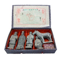 VTG Terracotta Qin Dynasty Chinese Figurines Warriors & Horse Grey Box Set of 5