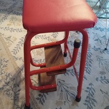 Vintage Step Stool 1950s Blue Wooden Seat Kitchen DIY Garage Fold Away Ladder