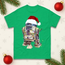 R2D2 Santa Hat Christmas T Shirt, Festive Lights Funny Xmas Tee Gift Unisex