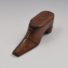 Antique Mahogany & Love Heart Brass Pique Work Shoe Snuff Box 19th Century
