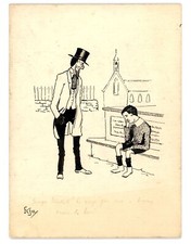 Art Deco pen & ink drawing cartoon George Hackett cross to bear signed FCJ #13