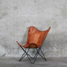 Handmade Leather Butterfly chair With Iron Openable Stand For Home Decor