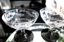 2 Art Deco beehive cut glass etched champagne coupe clear bowl & stem black base