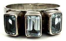 Antique Art Deco Sterling Silver & 3 x  Aquamarine Ring 'B'  Size Q. US 8