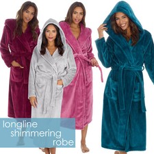 Ladies Long Length Hooded Lounge Robe Shimmer Fleece Longline Dressing Gown S-XL