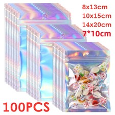 100Pcs Holographic Rainbow Zip Lock Bags Clear Zip Seal Mylar Bags Foil Pouches