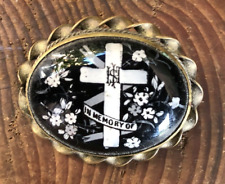 Antique Victorian enamel porcelain mourning in memory brooch enamel pottery 45mm