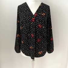 Matalan Size 10 Black Red White Floral Blouse Long Sleeved V Neckline