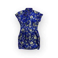 Y2K Dress Traditional Chinese Satin Short Sleeve Gold Detais Blue Women's XS
