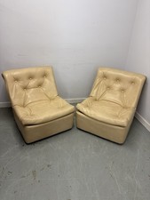 Pair of Mid Century Leather Lounge Chairs – Retro Cream Button Back Chairs