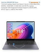 15.6 Inch Laptop, Quad-Core Ryzen 5 Up to 3.7GHz 16GB RAM, 512GB