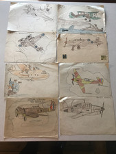 8 drawings of WWII Aircraft hand drawn by a 13 year old boy during World War II