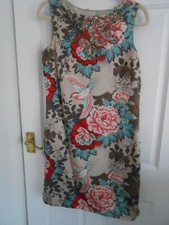 Stunning Monsoon Silk Oriental Peony Bird Floral Print Beaded Shift Dress siz 12