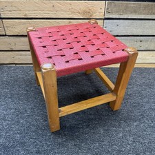 Woven String Topped Wooden Foot Stool Wood Red Retro Vintage