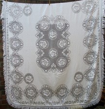 Vintage 70s Double Bedspread Cream & Brown Lace Design With Fringe