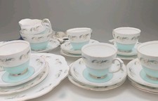 PRETTY VINTAGE TEA SET TURQUOISE WHITE AND GOLD HARLEIGH BONE CHINA 20 PIECES