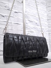 Miu Miu Matelasse Crossbody Wallet Bag Silver Chain Black Leather Strap Auth