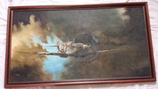 Spitfire oil painting on board, 42` x 22.75` R Oliver After Barrie A.F. Clarke.