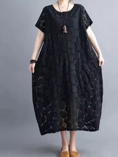 Ladies Black  cotton  Arty Italian  boho  Floaty Comfy Slimming Lace  dress 12