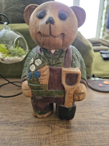 Wooden gardening bear ornament - wooden,