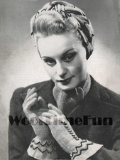 Knitting Pattern Instructions. Vintage 1940s Womens Turban Snood Hat & Gloves