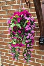 Artificial Flowers Plants Hanging Basket Garden Pot Ivy Leaf Fern Foliage Rose