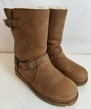 UGG Women's Size 8 NOIRA 1001733 Leather Waterproof Sheepskin Brown Biker Boots