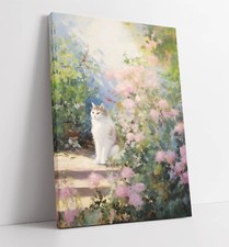 CLAUDE MONET STYLE CAT IN GARDEN 5, LILAC -DEEP FRAMED CANVAS WALL ART PRINT
