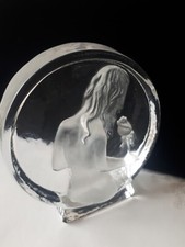 Vintage Etched Nude Lady & Rose Glass Round Paperweight Ornament by Goebel.