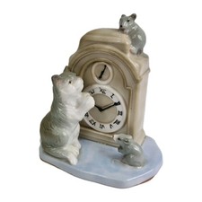 Grey Cat Figurine Tabby Cat  with Mice and Clock Figure Pastel Colors Vintage