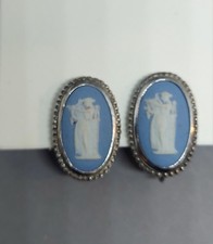 Vintage Wedgwood Sterling Silver Screw  back  Earrings Blue Jasperware England 