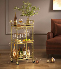 3-Tier Drinks Trolley, Gold Bar Cart On Wheels, With Handles, Mirrored Glass She