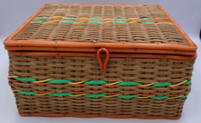 VINTAGE WICKER WITH COLOURED TRIM SEWING BOX WITH CONTENTS PLEASE READ