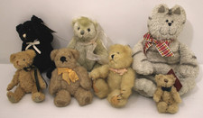 Group of 6 Small Jointed Teddy Bears & a Gund Beanie Cat