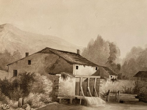 Antique landscape ink drawing - landscape,