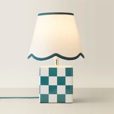 Forest Green Cube Table Lamp Ceramic Checkered Base Scallop Lampshade Light