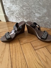 Heavenly feet new black sparkly comfort wedge sandal shoes size 6 / 39