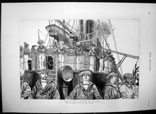 Antique Old Print Naval Review Spithead Crew Hms Cyclops Saluting Queen 1887