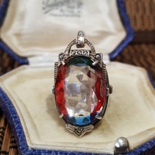 Antique Art Deco 835 Solid Silver Ring, Czech Iris Glass, Size N US 6.75, 1920s