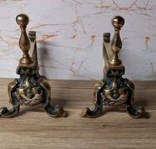 Antique pair brass firedogs - brass,