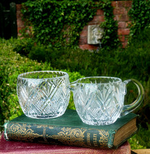 Creamer Milk jug & Sugar bowl basin Crystal cut glass 