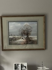 Reginald Johnson, winter landscape-farmer & horses on a lane, watercolour-framed