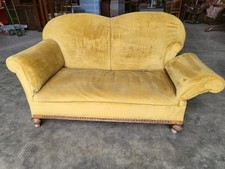 Antique small yellow suede camel back drop end sofa